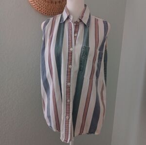 Striped Sleeveless Button-Up Shirt in Blue  & White Vtg 90s